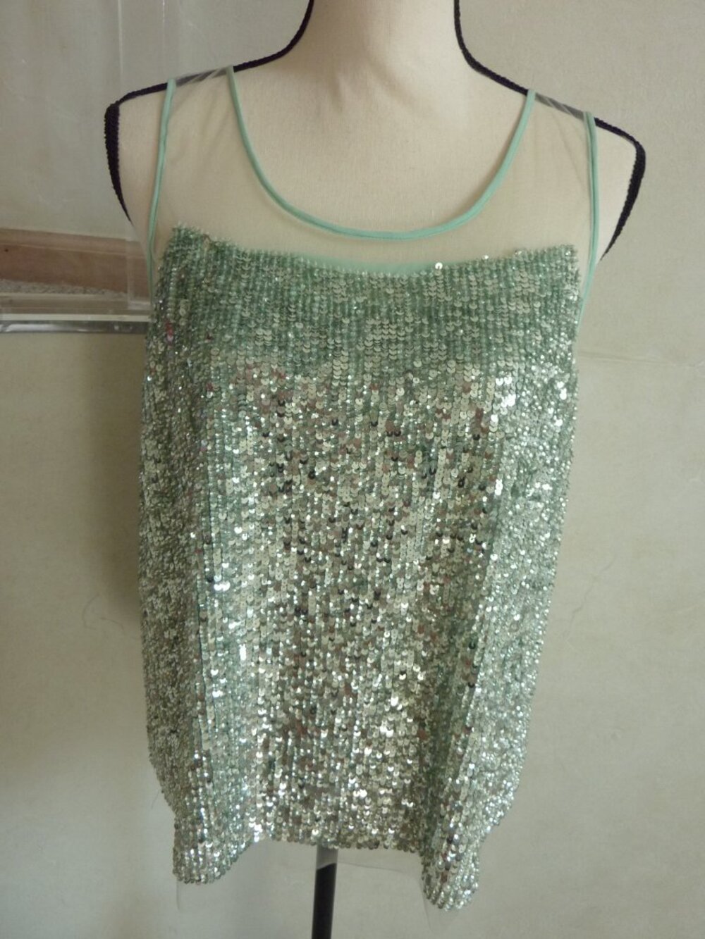 $328 Renzo + Kai Mint Green Glitter Sequence Sleeveless Sheer Top L Silk Lining